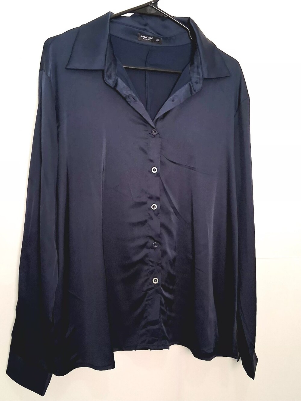 Navy Satin Button-Down Shirt Size 1X